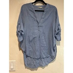 Lush Blue Roll Tab Sleeve‎ V-Neck High Low Blouse Tunic Top Womens xs
